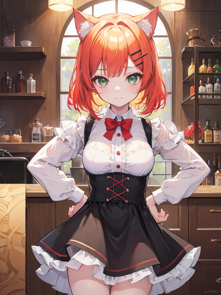1girl, loli, maid outfit, short golden blonde hair, red hair clip, emerald green eyes, cat ears, neko mimi, cute sweet smile, extremely detailed anime style, best quality, 4k, 8k, highres, masterpiece:1.2, ultra-detailed, HDR, UHD, studio lighting, ultra-fine painting, sharp focus, physically-based rendering, extreme detail description, professional, vivid colors, bokeh, inside bar,