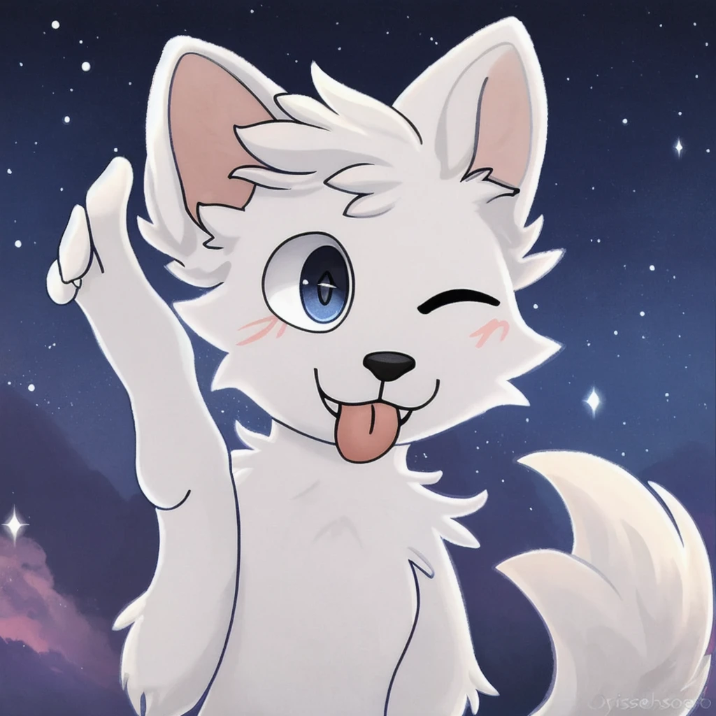 BoyKisserFur, white fur, white body,  smiling, fluff
realistic, BoyKisserFur,  detailed fur, well shaded, detailed shading, night sky, depth preseption, depth, looking at camera, portrait, sticking tongue out, one eye closed, peace hand gesture, sparkles