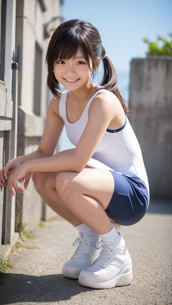 Reality，photo shoot、1 person Takako Zenba、、smile、
cute、Hairstyle up、
squat、White leotard、
