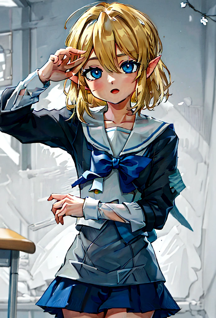 (work of art)), (best qualityer), (detailded), ((1 boy)), (link to the legend of zelda), (Women&#39;s sailor school uniform), gazing at viewer, Short blonde hair, blue colored eyes, , spring time, bright coloured, (crosse-eyed), (StSPendulum), (ahegao)