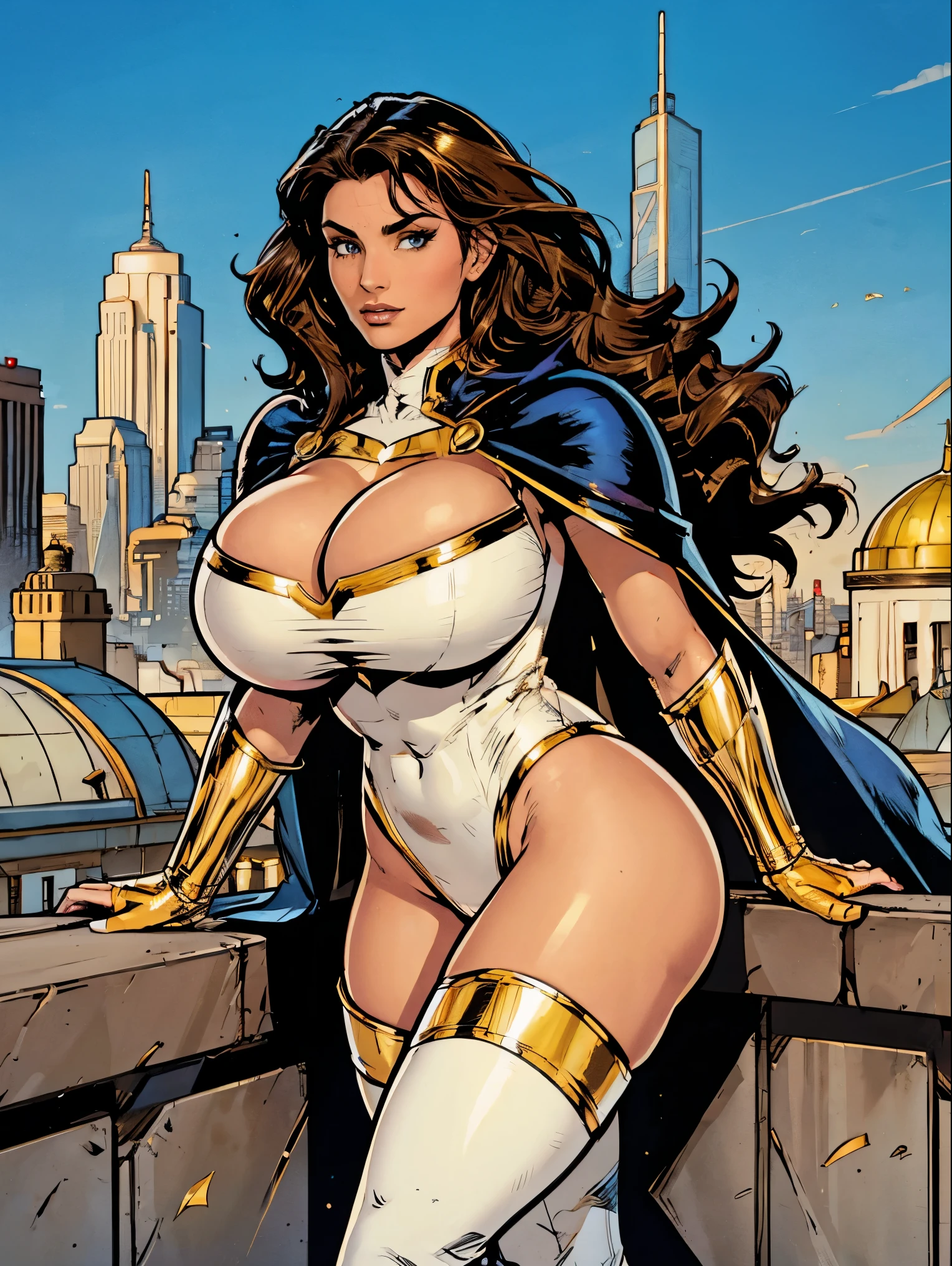 Gorgeous and sultry busty athletic (thin) brunette with sharp facial features and (huge boobs) wearing a white and gold superhero leotard, cape, gloves, thigh-high boots. City skyline, rooftops.