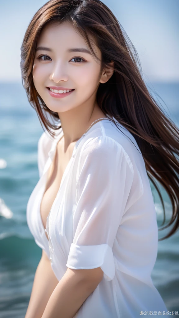 Tabletop、(Highest quality、4K、8K、High resolution、Masterpiece: 1.2)、Super detailed、(Real、Photorealistic、Photorealistic: 1.37)、Full Body Shot、Complex and beautiful eyes、woman、long hair、Natural color lip、whiteTshirt、Bold and sexy pose、smile、Ocean、 year old girl、A cute and sexy shot looking straight at the camera。