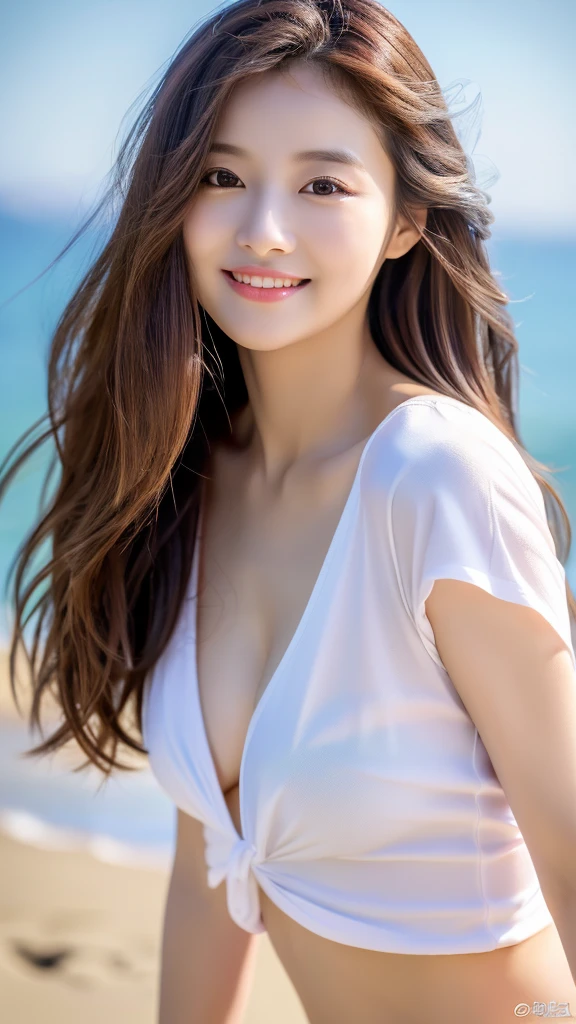 Tabletop、(Highest quality、4K、8K、High resolution、Masterpiece: 1.2)、Super detailed、(Real、Photorealistic、Photorealistic: 1.37)、Full Body Shot、Complex and beautiful eyes、woman、long hair、Natural color lip、whiteＴshirt、Bold and sexy pose、smile、Ocean、  girl、A cute and sexy shot looking straight at the camera。