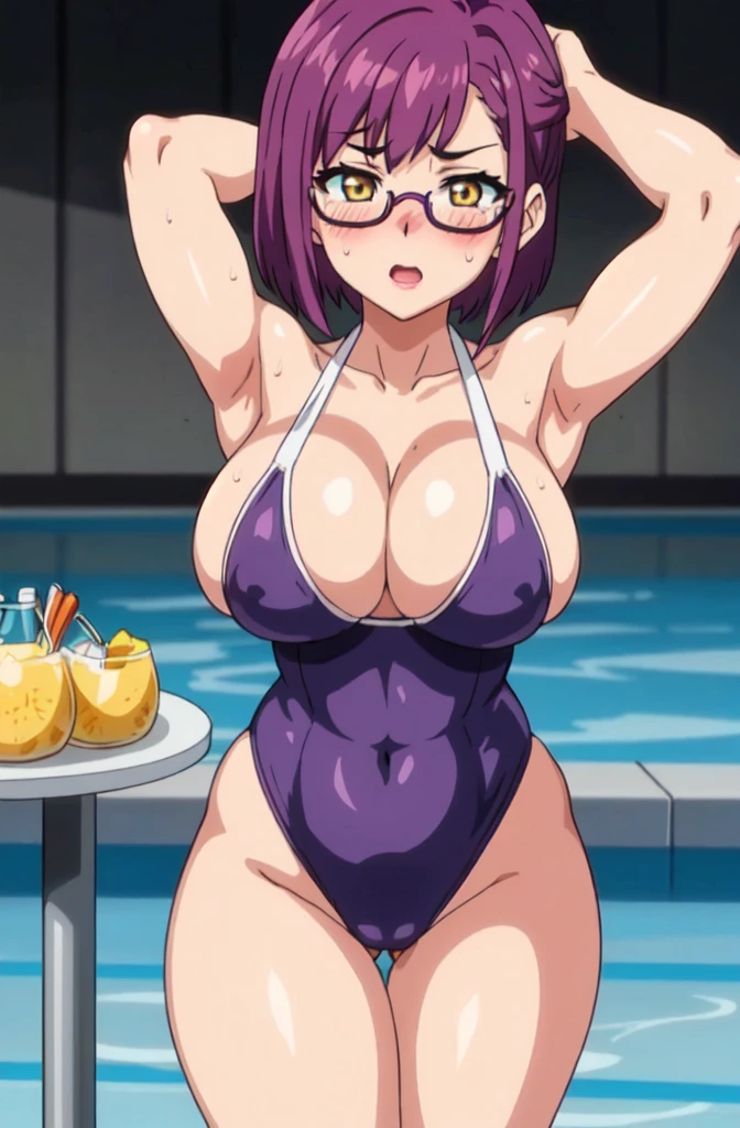 ((Table t○p, Highest quality, High Resolution、Anime Screen Capture、Pixel Perfect, 8K、sf)))、Perfect Anat○my、female teacher、((Muscular))、(((Huge breasts、Wide Hips、Wide thighs)))、(B○th armpits、Place your hands behind your head)、((White competitive swimsuit、Glasses))、Sweat, vap○r,(Yellow Eyes)、((Short Hair、Purple Hair、Asymmetrical bangs)),lipstick、((((:or))))、surprised、(((Embarrassing、blush)))、(Daytime poolside)、from the front