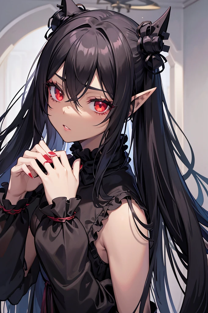 Anime, Goth girl, elf ears, emo girl, long hair, ta hair, ((dark skin, dark skin)), gothic art style, in the mansion Inside, she has long silky black hair, falling on her back, bang, long black hair, ruby red eyes, black mascara, a black готическое платье, long elf ears, and dark red lipstick.