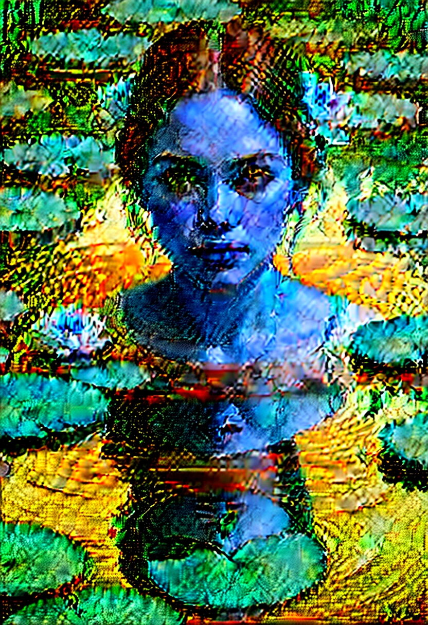 woman, Her reflection stares pensively with a silent expression, Quiet Lake, Surrounded by lily pads and ripples caused by a gentle breeze. Capture the realistic, detailed and intricate details of their portraits in harmonious balance.