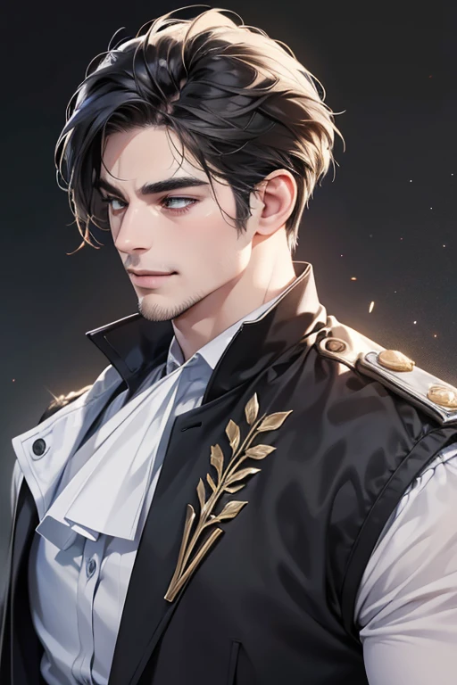 (Highest resolution, distinct_image) A man of the best quality, masterpiece, highly detailed, semi realistic, black short haired man, black hair, center split hair, 18 years old, young, tall and strong, pure white clothing, white uniform, military uniform, military academy, indoor background, unrestrained, natural, handsome, authoritarian, powerful aura, fine facial features, facial details,