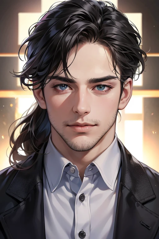 (best quality,4k,8k,highres,masterpiece:1.2),ultra-detailed,(realistic,photorealistic,photo-realistic:1.37),30 year old man,3 day beard,handsome anime,portraits,strong,masculine,dark hair,sharp jawline,mesmerizing eyes,perfectly styled hair,cool anime outfit,confident expression,vibrant colors,dynamic lighting, CEO and expression smile in love.