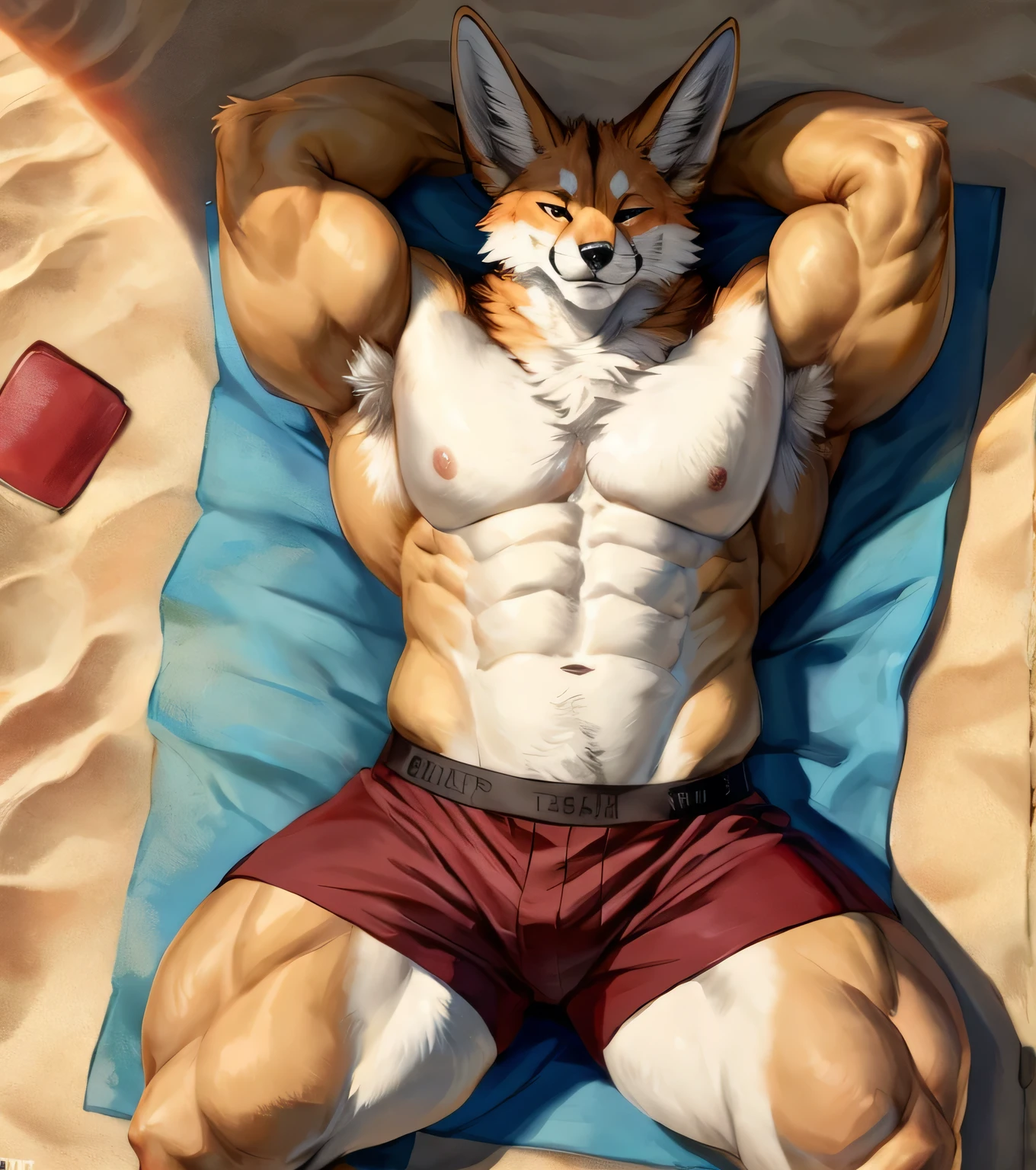 (solo,furry,anthro,hyper realistic), male, laying on back on towel, smirk, smug, hands behind head, front view, hyper muscular body, massive muscles, big muscles, veiny muscles, realistic fur, Fennec, wearing ((dark red)) boxer shorts, beach, blurred background, by bebebebebe:1.2, by buta99, by foxovh, by ruan jia