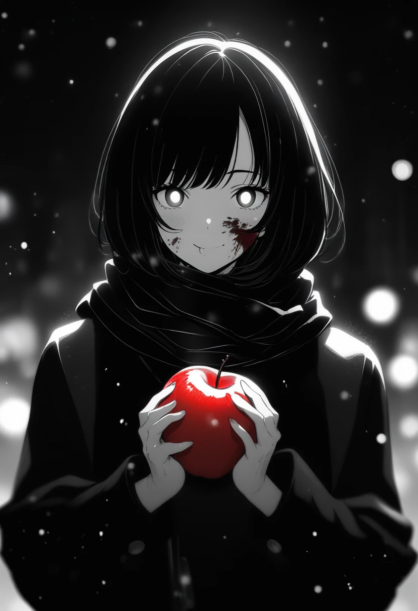masterpiece, best quality, 1girl, momose_(oqo) official art, grayscale, manga style, japanese, chi no wadachi, black eyes, glowing white pupils, street, iced, smile, black hair, schoolbag, lineart, looking at viewer, blood on face, black coat, black scarf, 35 years old, mature_female:1, tall, fair skinned, bokeh background, bob cut, light particles, centered, snowing, emotional anime scene, (very aesthetic, best quality, ultra detailed), intricate details, red and blue lights flashing, cool, soleless, emotionless, tired, taking a bite out of a shiny red apple, eating apple, holding apple to lips, holding
