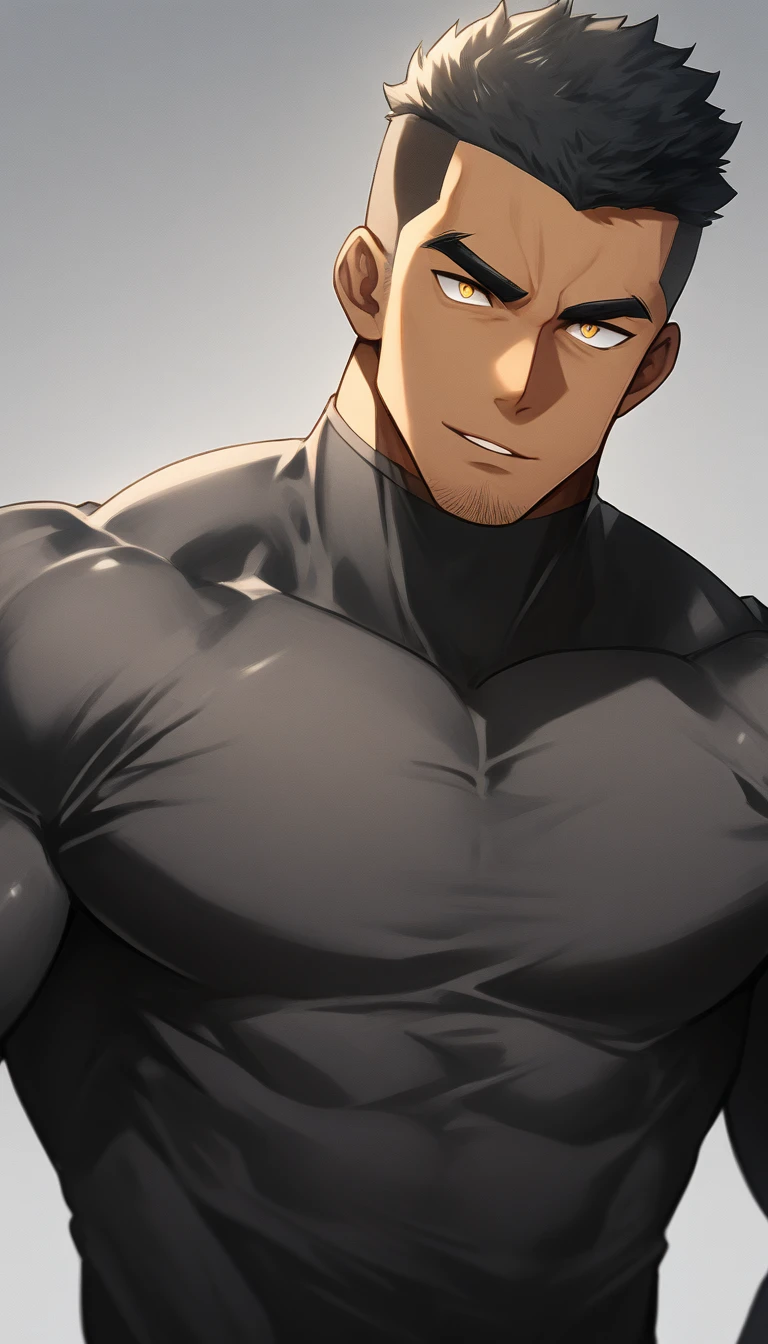 anime characters:Tights superhero, Muscle superhero, negro black skin, 1 dark skin muscular tough guy, Manliness, male focus, Yellow and black striped high collar long sleeve tight T-shirt, Slightly transparent material, Very tight, Round, full and perky chest muscles, Slightly transparent, muscular male, muscular, only, Upper body, alone, Black short hair, Thick eyebrows, stubble, Yellow eyes, Grey background, simple background, amazing quality, best aesthetics, Ridiculous, bright pupils, crew cut, parted lips, seductive smile, torogao, naughty face, drop shadow, best quality