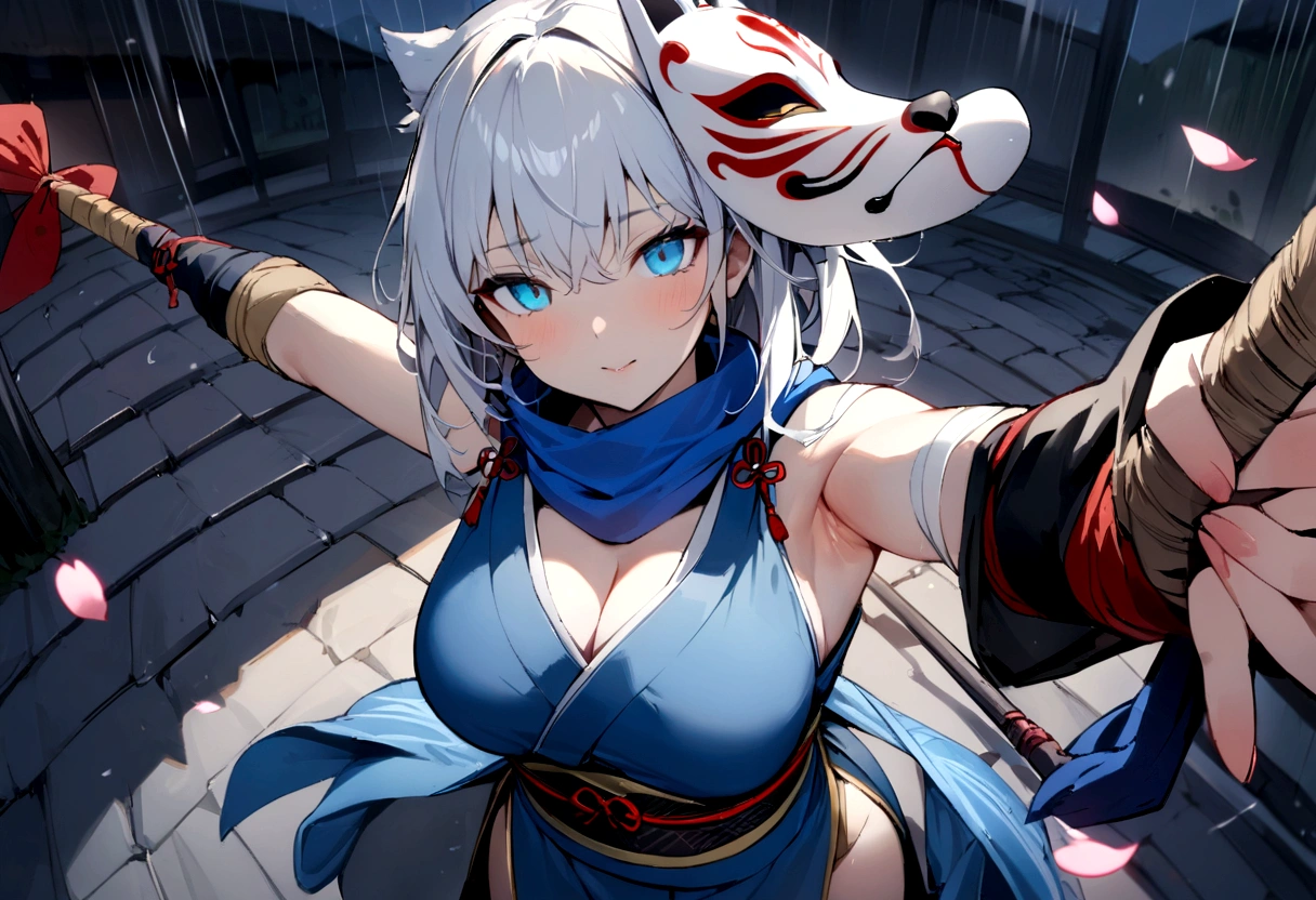 Exposed armpits and chest、A magnificent view of the city from the treetops、(masterpiece, best quality:1.2), 1girl, 独奏,Wolf girl, fox mask, ninja, girl, long white hair, odd eyes, blue kimono, ninja girl, red and blue scarf,Dancing Cherry Blossoms,Full moon backlighting, light coming in, fantastic atmosphere.night、Shadows of light and darkness、Eyes glowing in the dark、Black fox mask、Fisheye Lens、Expansive starry sky、long hair that spreads、Overlooking the city from atop a large cherry tree、Aside exposure、A Chinese umbrella with a cherry blossom pattern