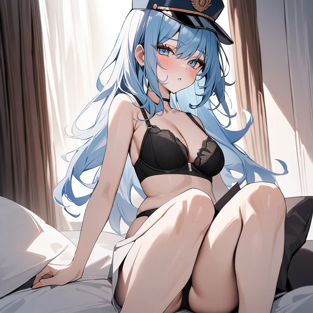 Masterpiece,best quality,very aesthetic,absurdres,1 girl,(White light blue hair), blue eyes,militarycap,bra,panties,masterpiece,best quality,very aesthetic,absurdres