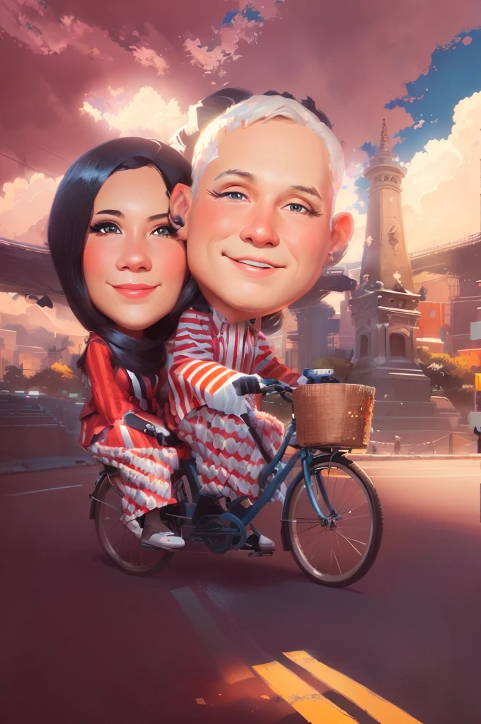 Husband and wife ride bicycles,, caricature illustration, caricature style, cartoon digital painting, proffesional illustration, caricature, cartoon artstyle, potrait, in cartoon style, professional illustration, cartoon digital art, stylized digital illustration, professional artwork, digital art cartoon, official illustration, caricature!!!