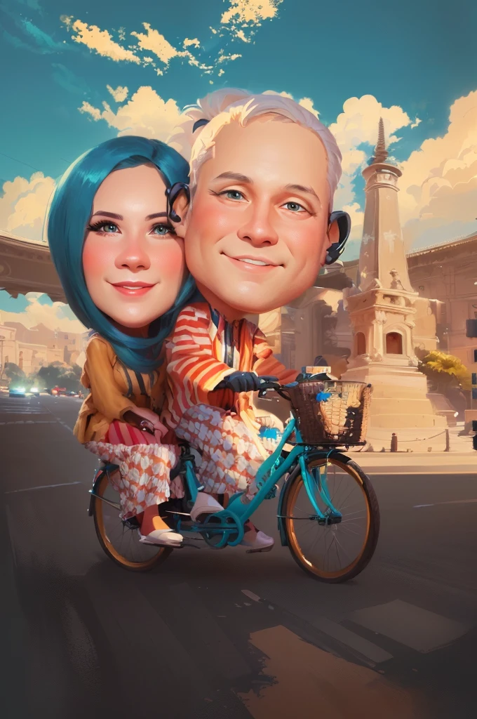 Husband and wife ride bicycles,, caricature illustration, caricature style, cartoon digital painting, proffesional illustration, caricature, cartoon artstyle, potrait, in cartoon style, professional illustration, cartoon digital art, stylized digital illustration, professional artwork, digital art cartoon, official illustration, caricature!!!