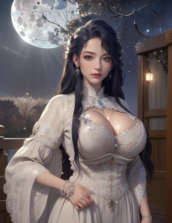 Ultra-realistic 8k CG, Flawless, Clean, masterpiece, Professional artwork, Famous Artworks, Movie Lighting, Bloom, Perfect face, Pretty Face, fantasy, Like a dream, illusory, Science fiction,   Lace, Lace trim, Lace-trimmed legwear, luxurious, Jewelry, diamond, Kaneko, pearl, gem, 蓝gem, 红gem, emerald, Intricate details, Exquisite pattern, charming, Tempting, Tempting, , enchanting, Hair accessories, neckLace, earrings, bracelet, armband,Halo,autumn,
((,1 Girl, Throw,best quality, ))  , ((((1 Girl, Solitary,outdoor, Large Breasts,(((Full and soft breasts,)))(((Huge breasts))) (((Cleavage))) Full Moon ,moonlight,  Starry Sky, Milky Way,    ))))   