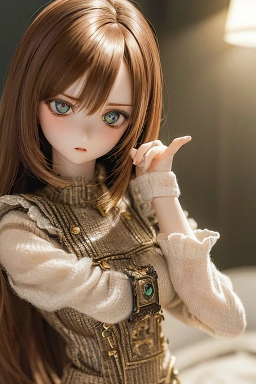 photorealistic, realistic photo, ((highest quality)), ((masterpiece)), kukolnydom, doll, (mature woman:1.6), solo, ((cowboy shot, dynamic pose, skinny, slender, slim, brown hair, parted lips)), detailed face, green eyes, (looking at another:1.3), (eyes out of focus, emotionless eyes, blank stare, empty eyes, detailed eyes), dress, castle, 8k