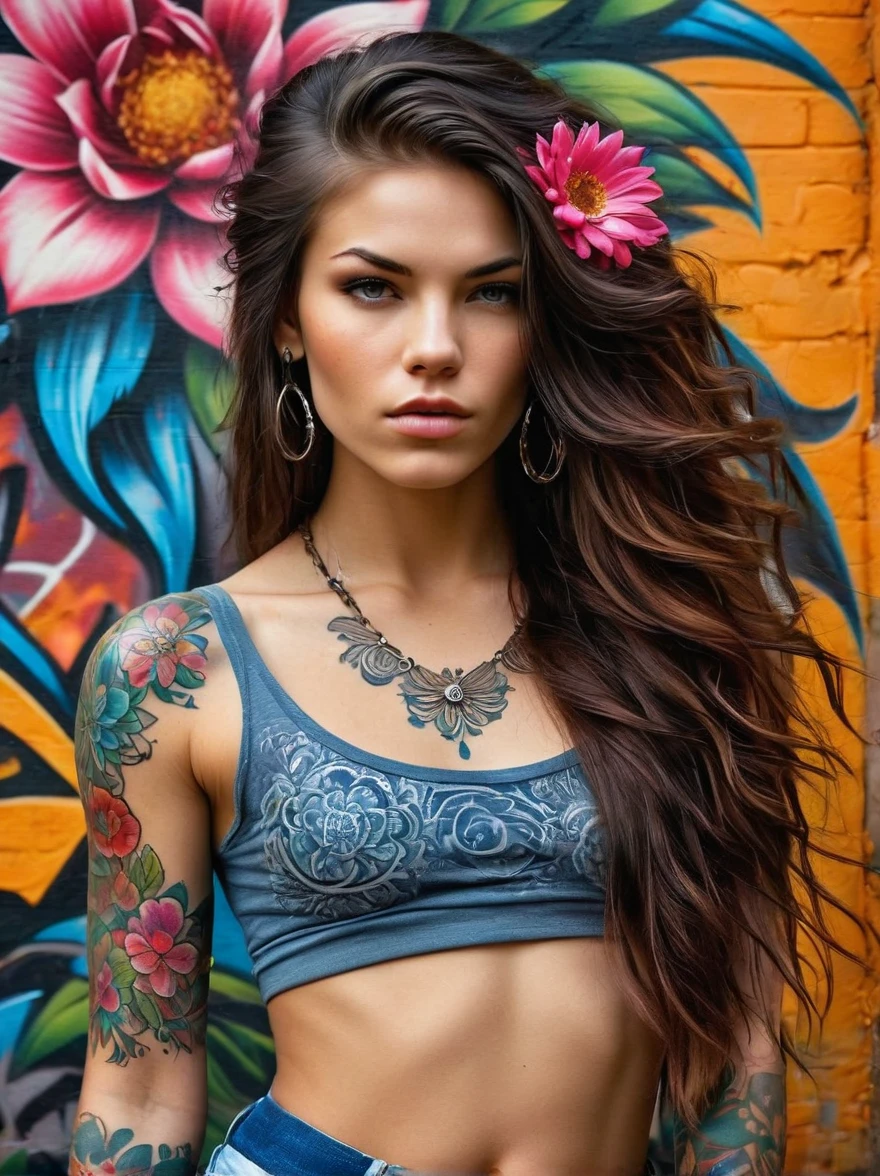 (Rebel European girl),Brightly colored tattoos on arms and legible raised finger:1.3),provocative gestures,long flowing hair,The arrogant expression is bold and bright must be surrounded by intricate,Detailed flowers and mandalas,anatomically correcte, texturized skin, In front of a graffiti style background,Add whimsy to the scene, To enhance the sharpness and modernity of the scene,Sharp lines,Bold stroke numbers