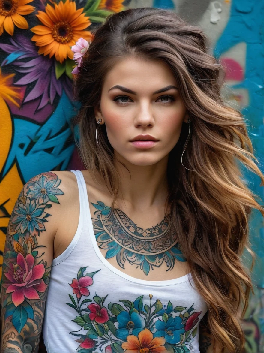 (Rebel European girl),Brightly colored tattoos on arms and legible raised finger:1.3),provocative gestures,long flowing hair,The arrogant expression is bold and bright must be surrounded by intricate,Detailed flowers and mandalas,anatomically correcte, texturized skin, In front of a graffiti style background,Add whimsy to the scene, To enhance the sharpness and modernity of the scene,Sharp lines,Bold stroke numbers