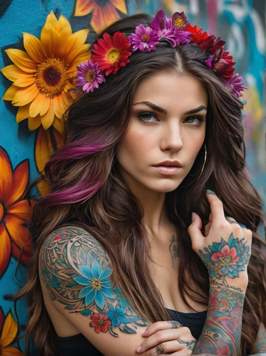 (Rebel European girl),Brightly colored tattoos on arms and legible raised finger:1.3),provocative gestures,long flowing hair,The arrogant expression is bold and bright must be surrounded by intricate,Detailed flowers and mandalas,anatomically correcte, texturized skin, In front of a graffiti style background,Add whimsy to the scene, To enhance the sharpness and modernity of the scene,Sharp lines,Bold stroke numbers