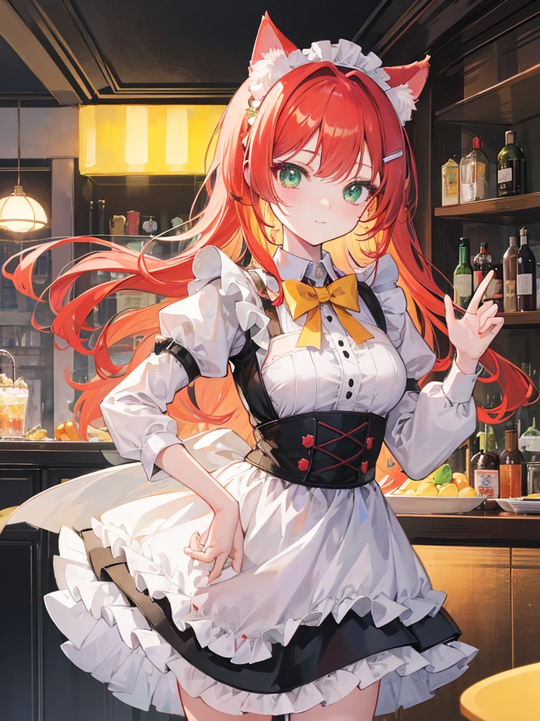 1girl, loli, maid outfit, short golden yellow hair, red hair clip, emerald green eyes, cat ears, neko mimi, cute sweet smile, extremely detailed anime style, best quality, 4k, 8k, highres, masterpiece:1.2, ultra-detailed, HDR, UHD, studio lighting, ultra-fine painting, sharp focus, physically-based rendering, extreme detail description, professional, vivid colors, bokeh, inside bar,
