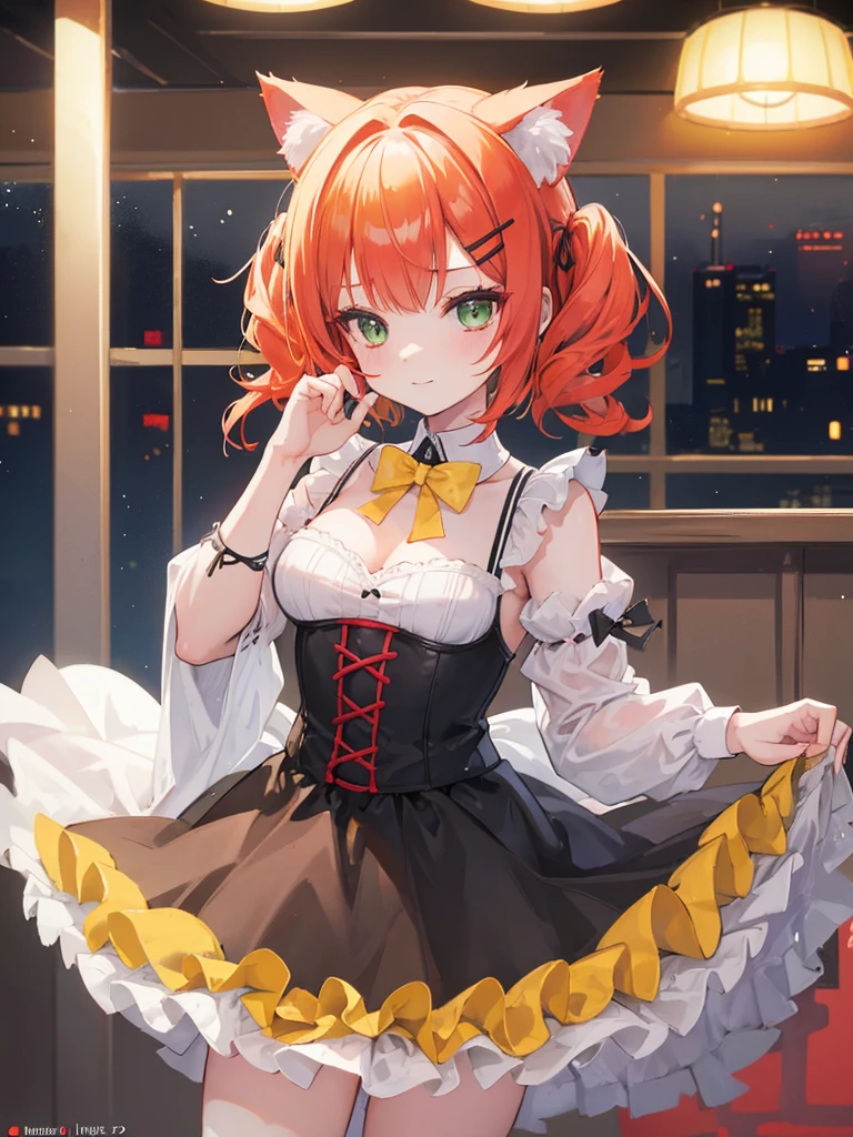 1girl, loli, maid outfit, short golden yellow hair, red hair clip, emerald green eyes, cat ears, neko mimi, cute sweet smile, extremely detailed anime style, best quality, 4k, 8k, highres, masterpiece:1.2, ultra-detailed, HDR, UHD, studio lighting, ultra-fine painting, sharp focus, physically-based rendering, extreme detail description, professional, vivid colors, bokeh, inside bar,