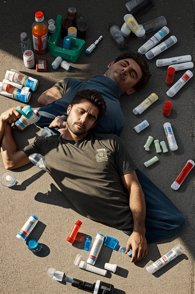 An image, where there is a shadow of a man lying on the floor with syringes and pills around him, and that the name GOSSR22 is included in the lower left part