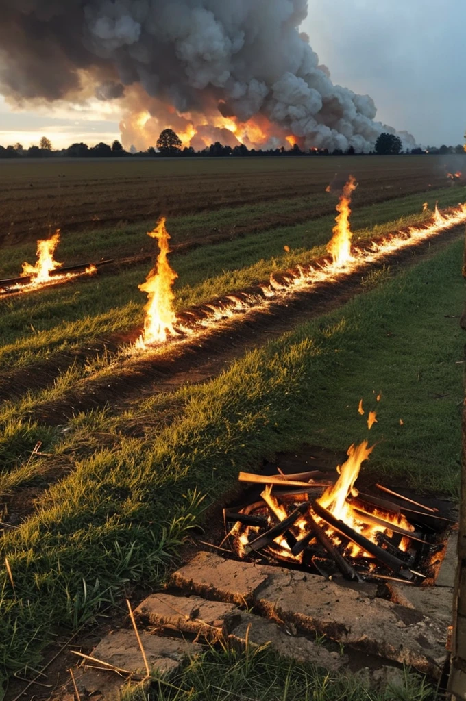 Fire and hail fall to the ground in a field full of people