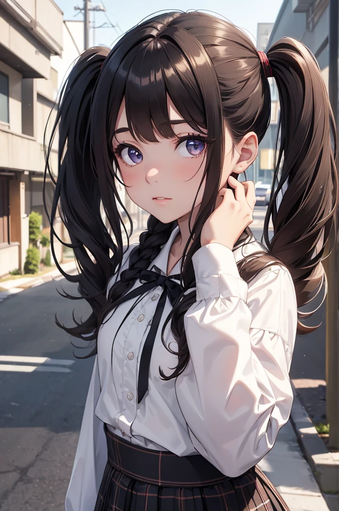 (8K, Best Quality, Masterpiece, Ultra High Resolution) 1 Girl, Young, , Beautiful Eyes, Face Details, Dark Brunette Hair, Two Pigtails, Hazel Eyes, Pale Skin, Blouse, Plaid Skirt, Outside Japanese School, Best Quality, Upper Body, Looking at the Viewer, Facing Viewer, Close Up