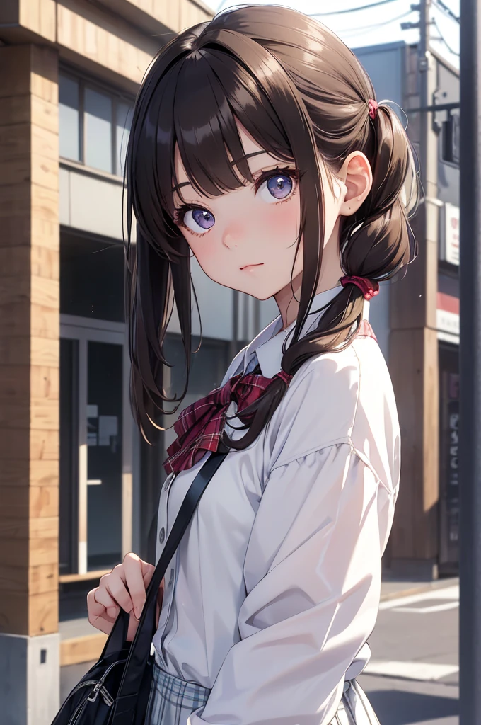 (8K, Best Quality, Masterpiece, Ultra High Resolution) 1 Girl, Young, , Beautiful Eyes, Face Details, Dark Brunette Hair, Two Pigtails, Hazel Eyes, Pale Skin, Blouse, Plaid Skirt, Outside Japanese School, Best Quality, Upper Body, Looking at the Viewer, Facing Viewer, Close Up