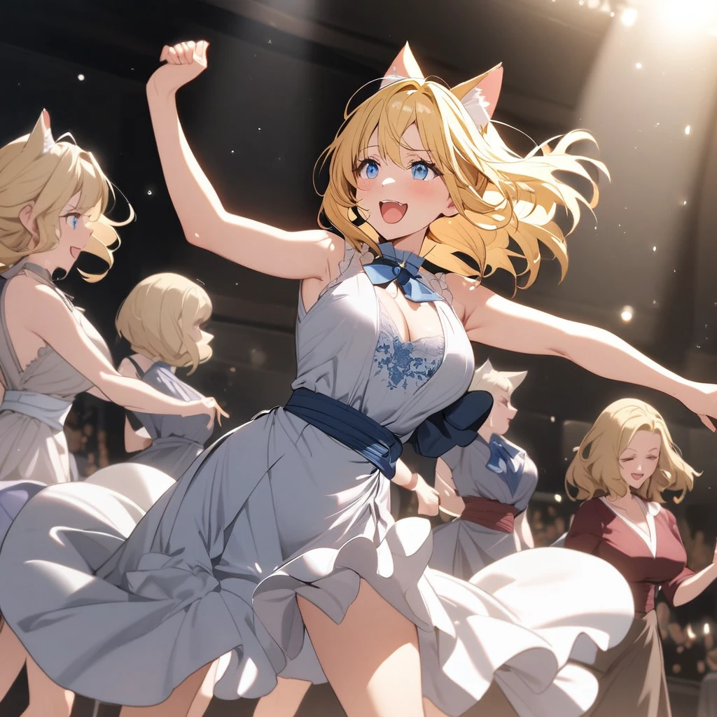 Girl, yellow hair, cat ears, blue eyes, beautiful, mature, dancing and singing