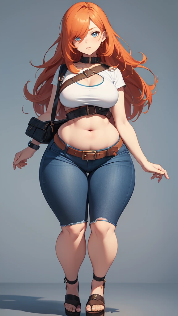 blank background, (((full body))), (masterpiece), ((best quality)), (very short girl), ((flat chest)), hair over one eye, (wide hips:1.4), ((thick thighs:1.4)), (blue jeans), sandals, belt below navel, fanny packs, ginger hair, from behind