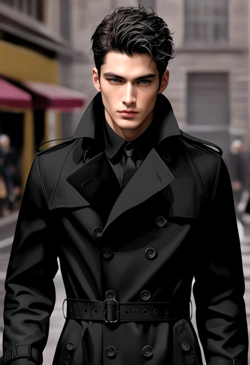 Handsome male model，Black trench coat，Stereoscopic cropping，Texture，HD，Street Fashion Show