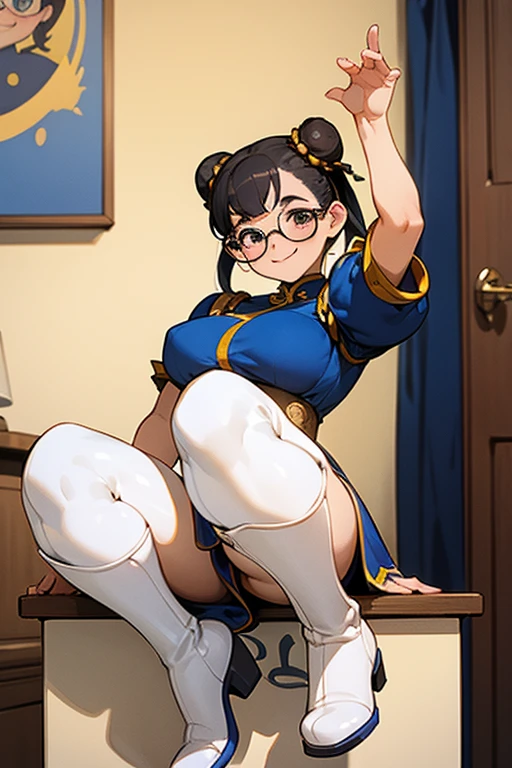 A chubby girl with black hair, freckles and glasses, dressed as Chun-Li in white boots, smiling gently in her room
