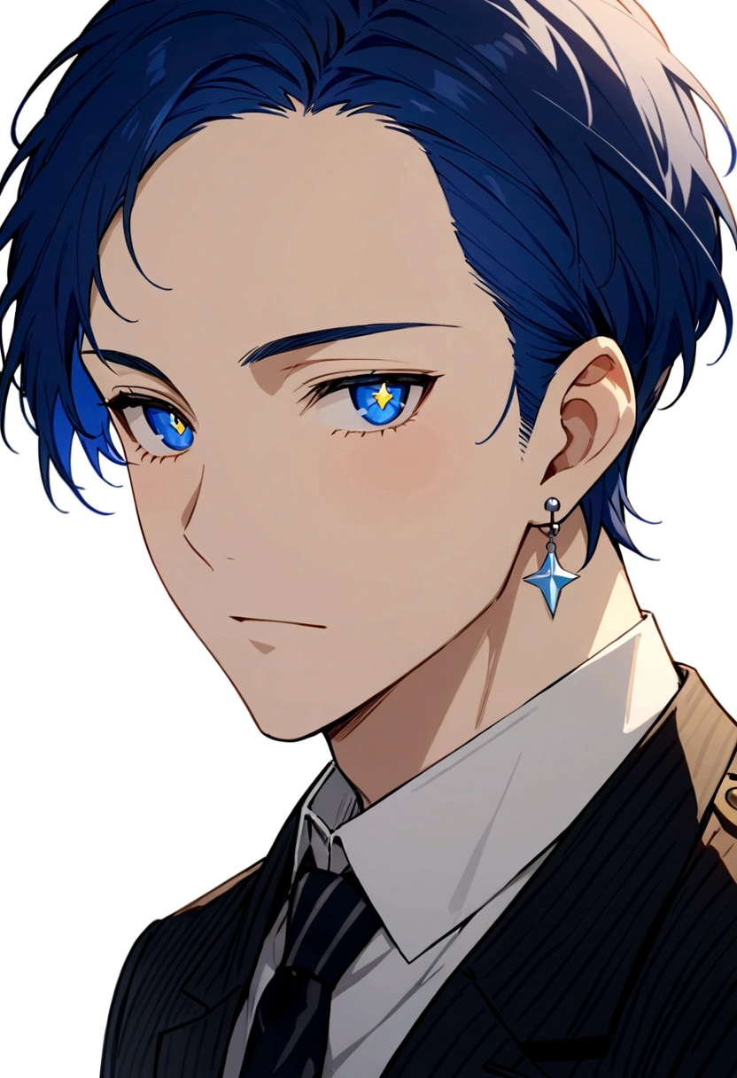 whole body、whole body、whole body、whole body、Character portrait、male、masterpiece、Handsome、uncle、The forehead is visible、30 years old、Blue Hair、Long earrings、Worn suit、Jacket、Give bangs、Showing his forehead、Handsome、Intricately drawn eyes、good looking、Plain white background、Starry Ski、White background、whole body、Character portrait、Character portrait