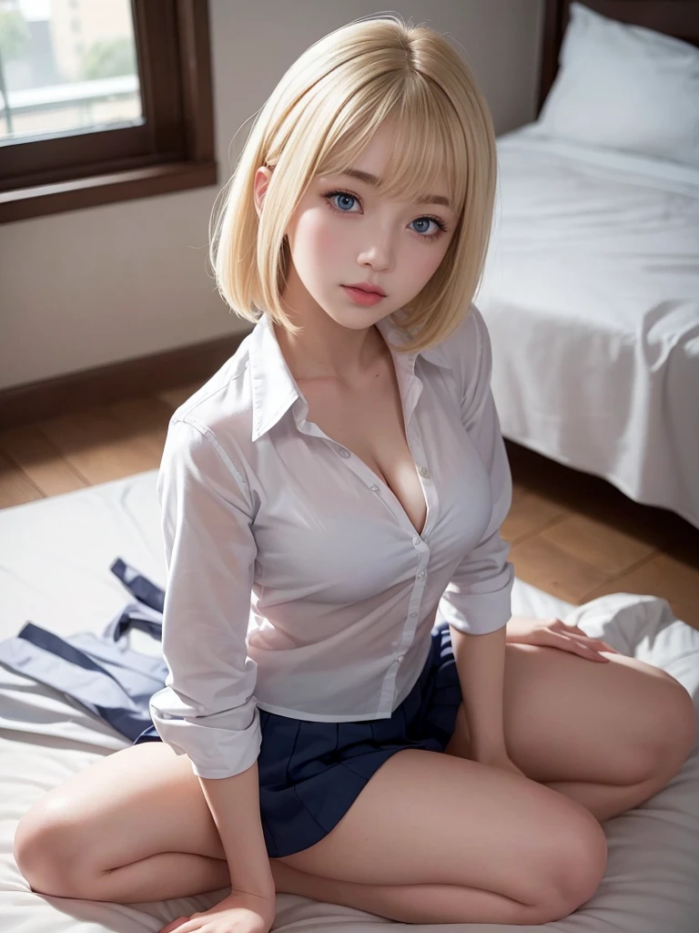 real、( face, virgin face,  masterpiece, 1 Girl, Very detailed, Fine skin, White skin, Lighten up the subject, Movie Light, beautiful face, Beautiful Eyes, Lip gloss), (((Ash Blonde Hair)))、((Short Bob))、((school uniform))、open shirt、Emphasize the cleavage、Blunt bangs,blue eyes, (((large natural breasts))), ((full body))、Sitting a bed、from the front