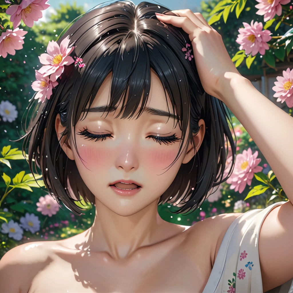 National Science Foundation,masterpiece,High resolution,8K,Art,digit,Three-dimensional,Realism,Kyoto Animation Style,your name movie style,cute,,look into camera,In the garden full of flowers,(1 girl: 1.3),(alone: 1.4),Upper body nudity,Huge bust,Put your hands behind your head,Black hair,Long eyelashes,Long thin legs,Short Bob,Close-up of upper body,Close-up,((Close up)),Close your eyes,blush,shy,pain,open mouth,Tears,cry,sad