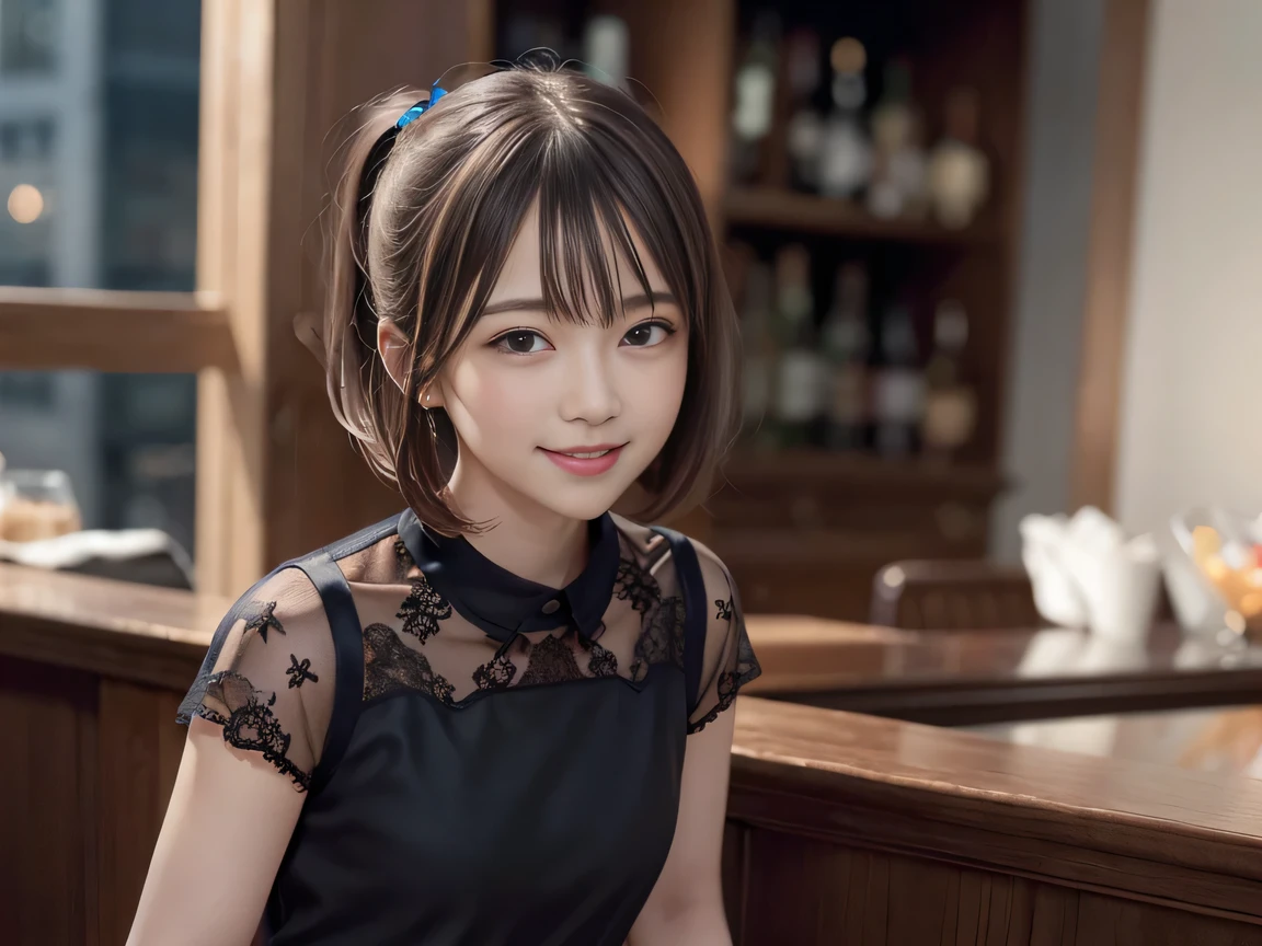 Araffe asian woman sitting at a bar with a smile on her face - SeaArt AI