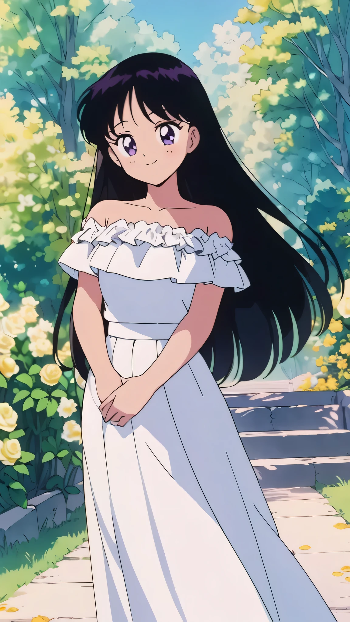 (retro anime girl:1.2), (white dress:1.1), (masterpiece:1.2), (best quality), (ultra detailed), (8k,4k), (half body:1.2), (cowboy:1.2), (close up:1.2), (highly detailed:1.2), (Ruffle Off-the-shoulder top:1.4), (Maxi skirt:1.4), Rei Hino, 1 girl, solo, Best quality, masterpiece, High Definition, r, Purple Eyes, Beautiful Detail Eyes, Black Hair, Long Hair, Good hands at sides, Smile, Blushing, Bare Neck, Bare Arms, Bare Shoulders, short sleeve, Strapless, White Ruffle Off-the-Shoulder Top, White Off-the-shoulder Dress, White maxi dress, standing at the forest with two columns, yellow flowers bushes, white roses, blue skies, Close up,