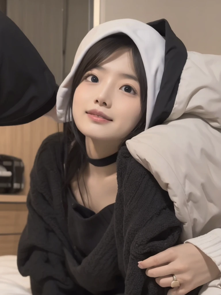 1 girl, {nun},bralift,seductive smile,kiss face,bed_invitation,