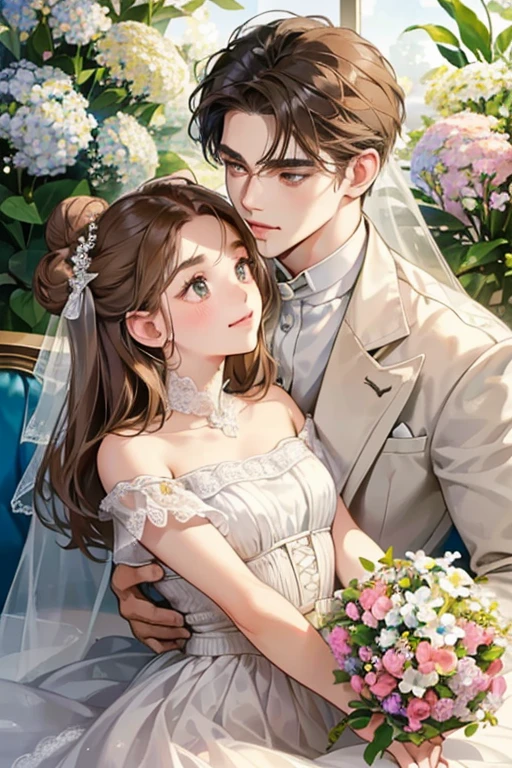 (table top, digital art, digital illustration, 4K, 8K, super detailed, beautiful images, clear image, realistic, RAW photo, perfect face, perfect lines, perfect eyes, soft lighting) 1 female, (light brown hair,bun hair,innocent look,droopy eyebrows,drooling eyes,With a round face,Round jaws、innocence,cute,Big eyes,natural makeup,smile gently,E cup,23 year old female:1.3),Two handsome men in suits, (human,Men in suits,muscular,Firm shoulder width, mannish hairstyle,A man in his 30s with a cool expression,28-year-old man with bright smile:1.2),A garden full of light、lots of flowers、squirt、colorful flowers、(embarrassing,shy smile,bouquet of gypsophila:1.2),Antique sofa,Resort Sofa,the kiss、kiss、couple、couplekiss、romance、Wedding dress、wedding style、誓いのkiss