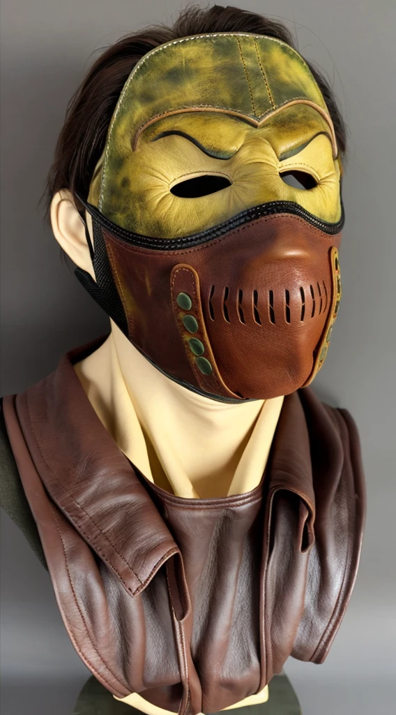 A realistic, detailed leather mask inspired by Leatherface from The Texas Chainsaw Massacre, isolated on a plain background, showing only the mask with no character or face,A mask made of human facial leather,Aged mask