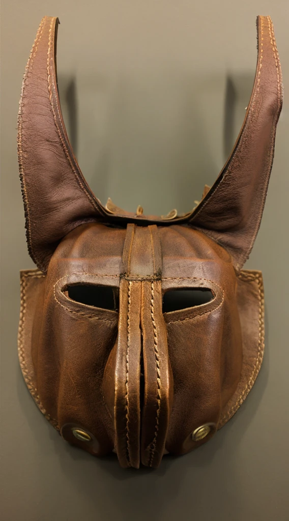 A realistic, detailed leather mask inspired by Leatherface from The Texas Chainsaw Massacre, isolated on a plain background, showing only the mask with no character or face,A mask made of human facial leather,Aged mask