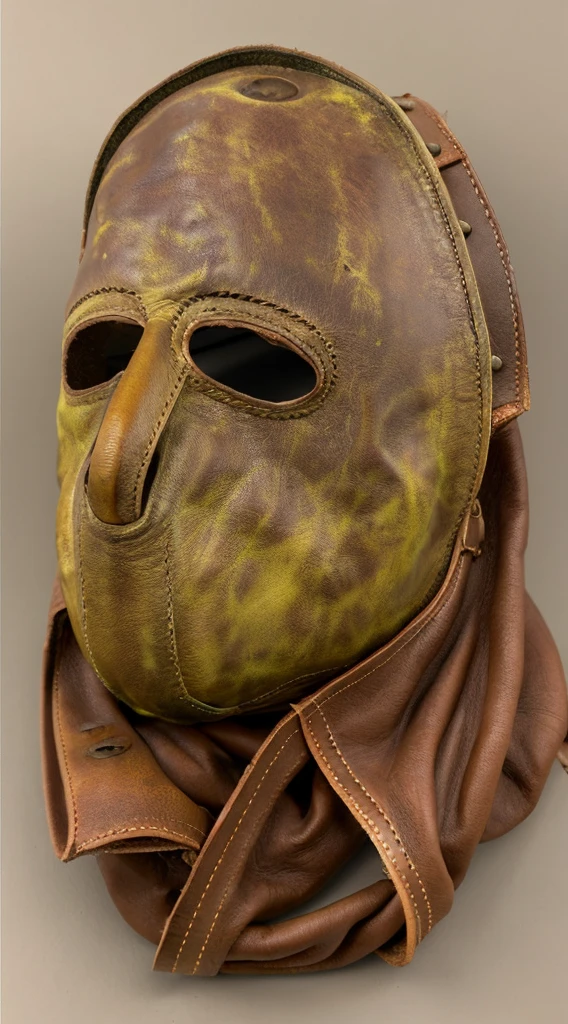 A realistic, detailed leather mask inspired by Leatherface from The Texas Chainsaw Massacre, isolated on a plain background, showing only the mask with no character or face,A mask made of human facial leather,Aged mask