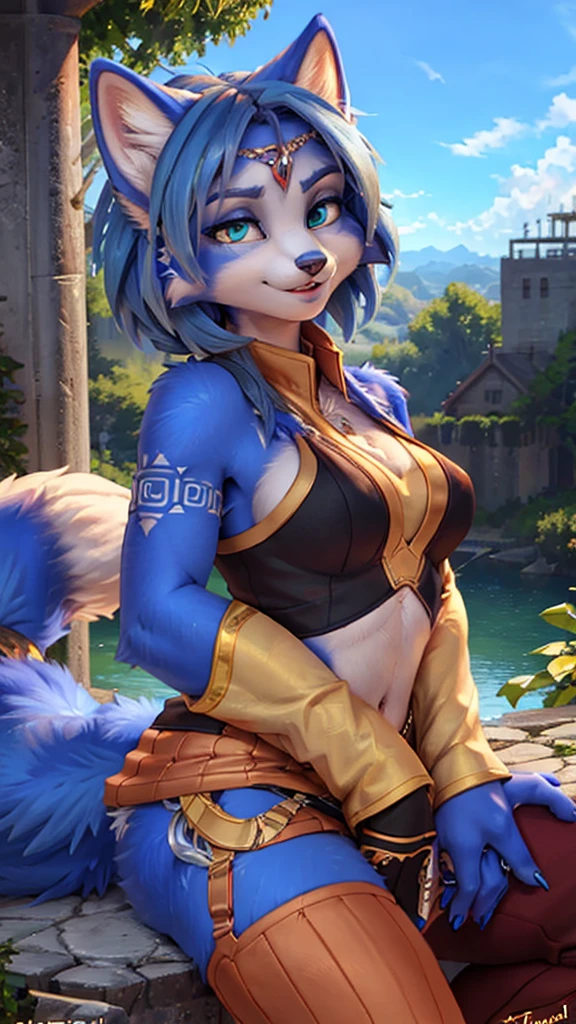 A beautiful and detailed (sweet portrait) wa ((Krystal)), Star Fox Krystal, sslim, lovable, green eyes, medium breasts, (((Long blue hair 1.3))), Decollete, anthro, furry, Uploaded E621, detailed fluffy fur, (wa Fluff-Kevlar, Bayard Wu, Personalami, Pino Daeni), detailed face, (fluffy), 1 girl, alone, sweet girl, 
