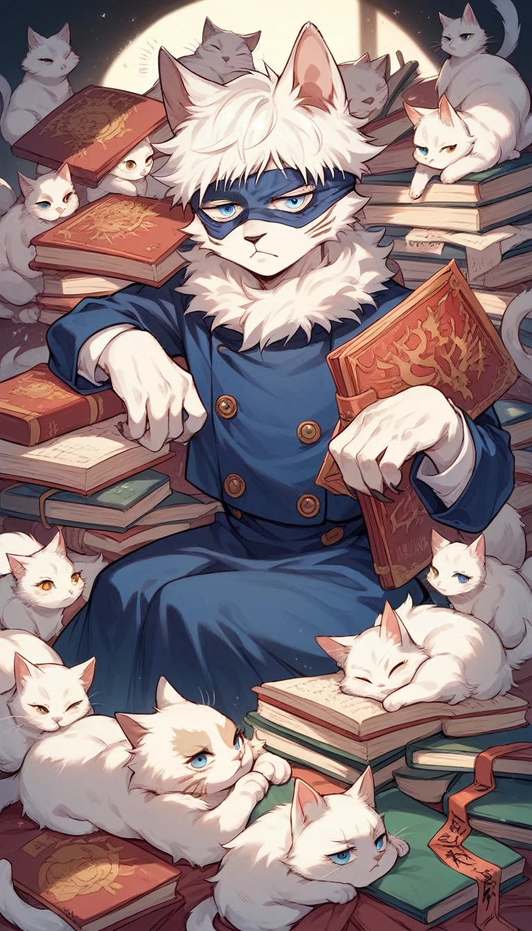A fluffy white cat with piercing blue eyes, wearing a miniature blindfold and a tiny version of Gojo Satoru's outfit from Jujutsu Kaisen, sitting regally on a pile of spell books, digital art style