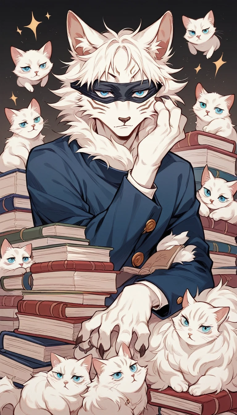 A fluffy white cat with piercing blue eyes, wearing a miniature blindfold and a tiny version of Gojo Satoru's outfit from Jujutsu Kaisen, sitting regally on a pile of spell books, digital art style