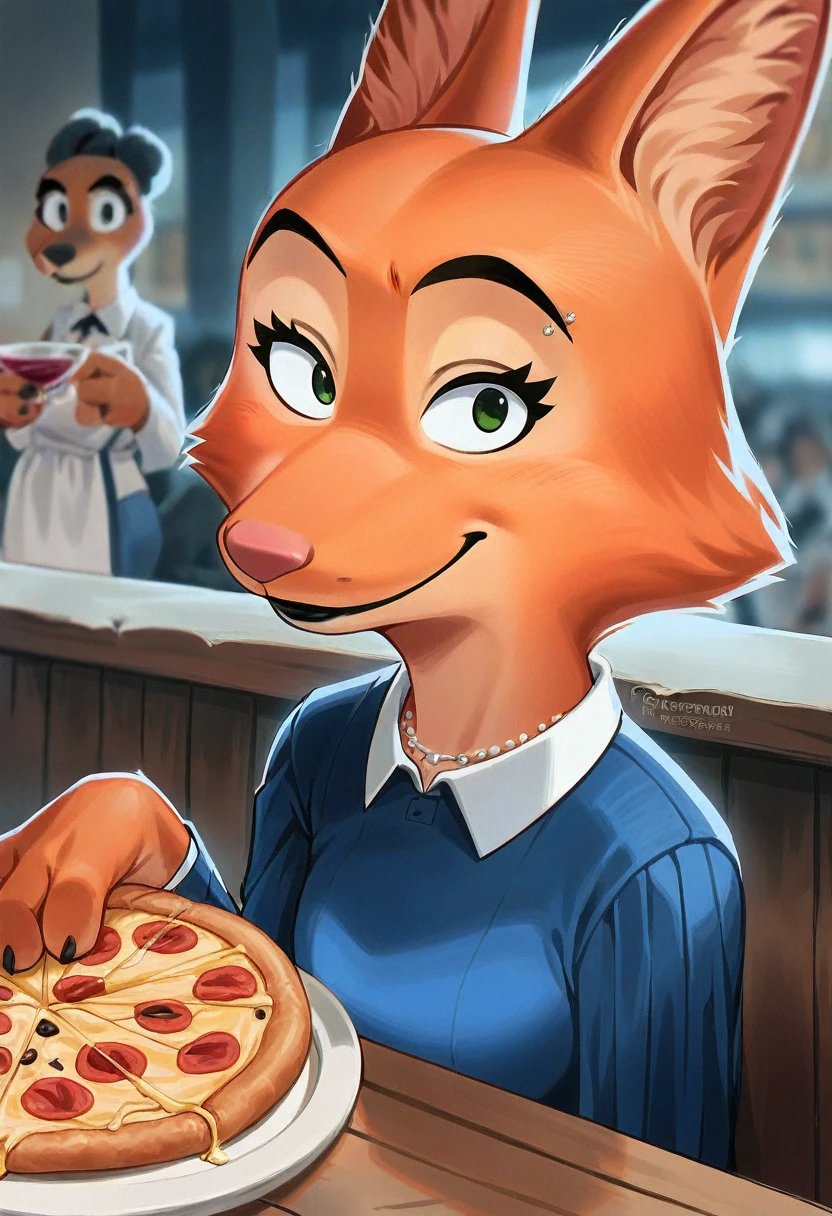 score_9, score_8_up, score_7_up, score_6_up, score_5_up, score_4_up, Diane_Foxington, fox, ginger fur, emerald eyes, black lipstick, sharp black eyebrows, silver piercings on eyebrow, dusty-pink nose, black eyelashes, 4 fingers, blue dress with some details at the waist, smiling, looking warmly at the viewer, with a proud face, sitting in a pizzeria, pizza on the table, with a glass of wine.