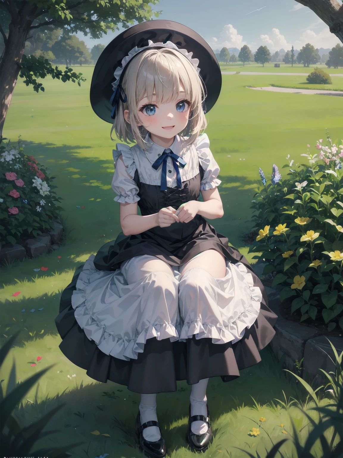 A serene outdoor scene unfolds at dusk, with a brilliant blue sky transitioning into a canvas of twinkling stars. A beautiful young girl, dressed in a stunning white and black gothic maid dress adorned with a navy blue ribbon, stands amidst lush green grass. Her companion, a delightful toddler, dons a charming maid hat with ruby accessories, complemented by black stockings and shoes. The little one beams with joy, smiling brightly as they gaze up at the celestial display together