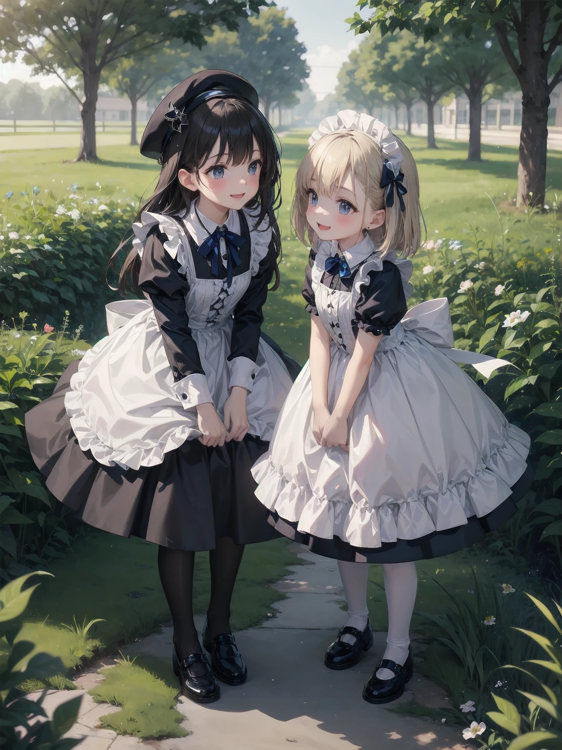 A serene outdoor scene unfolds at dusk, with a brilliant blue sky transitioning into a canvas of twinkling stars. A beautiful young girl, dressed in a stunning white and black gothic maid dress adorned with a navy blue ribbon, stands amidst lush green grass. Her companion, a delightful toddler, dons a charming maid hat with ruby accessories, complemented by black stockings and shoes. The little one beams with joy, smiling brightly as they gaze up at the celestial display together